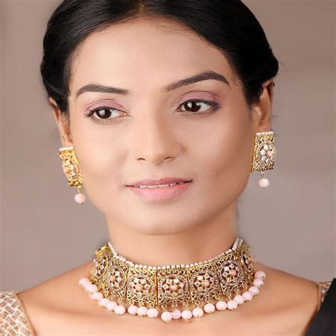 Buy Priyaasi Pink Pearls Beads Stones Gold Plated Choker Set Online