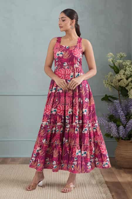 Buy Wine Rayon Square Neck Floral Print Tiered Maxi Dress For Women by ...