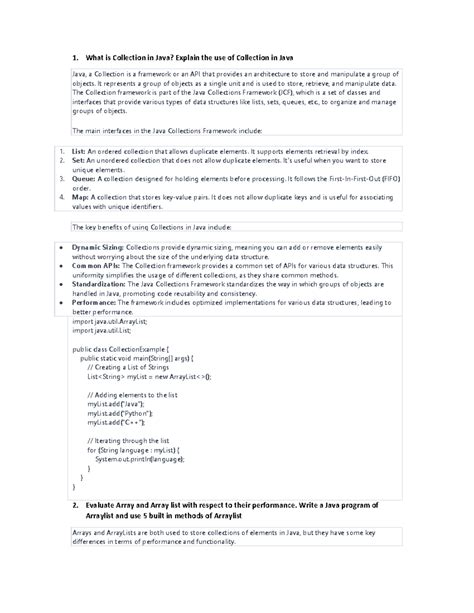 1-20 solution java - 1. What is Collection in Java? Explain the use of ...