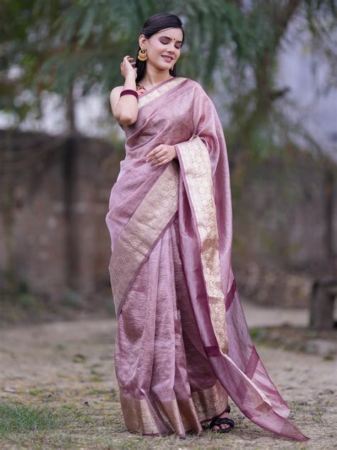 Banarasi Crushed Tissue Saree With Silver Weaving Border-Mauve ...