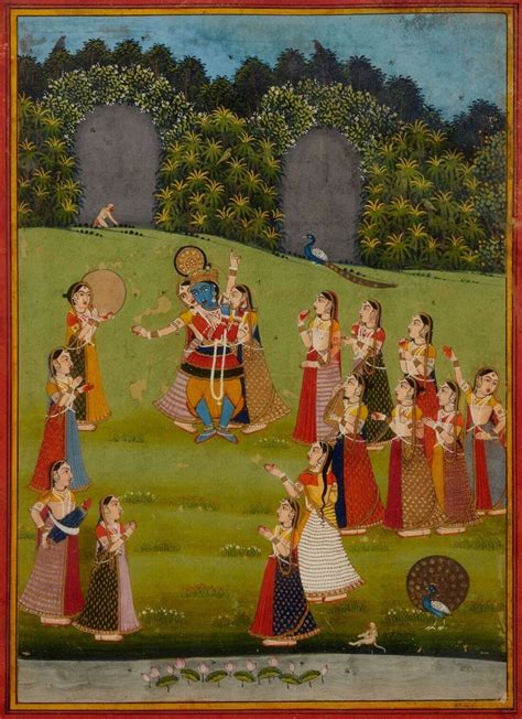 Krishna Playing The Flute With Gopis And Peacock - Rajasthani Painting ...