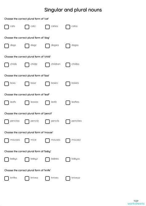 Singular and plural nouns. Interactive worksheet | TopWorksheets