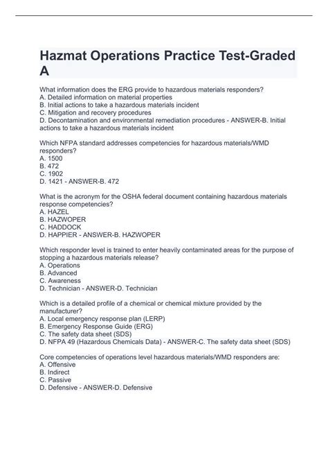 Hazmat Operations Practice Test-Graded A - Hazmat - Stuvia US