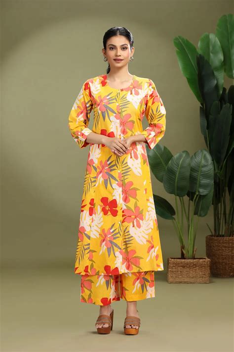 Yellow Jaipuri Cotton Printed A Line Kurta Pant Co ord Set – Cotton Culture
