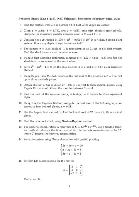 Kinetics Problem Sheet (MAT 216) - NIT Srinagar, Semester 2026 - Studocu