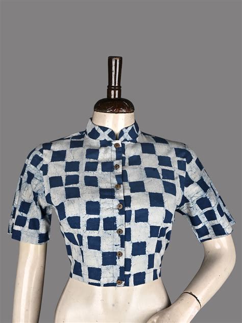 Indigo Daboo Pixelated Print Hand Block Printed Cotton Blouse