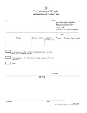 Fillable Online busfin uga Vendor Relations Vendor Letter Fax Email ...