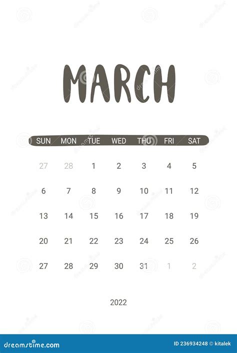 Vector Calendar for March 2022. Stationery Design for Printable Stock Vector - Illustration of ...