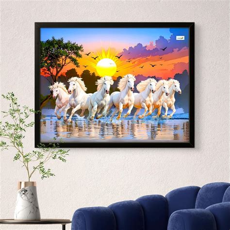 7 Horses Painting with Frame for Vastu – Rising Sun Wall Decor Painting ...