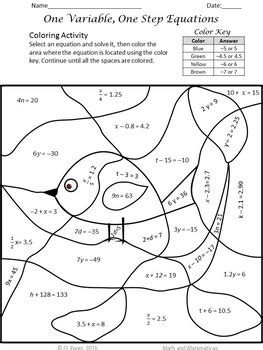 Image result for One Step Equations Coloring Worksheet