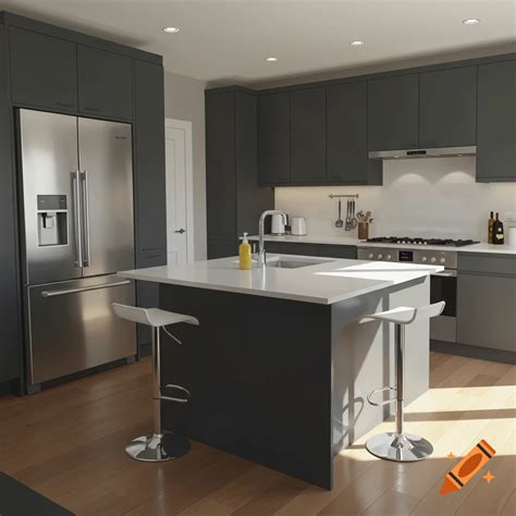 A modern kitchen with dark gray cabinets, a white island, stainless ...