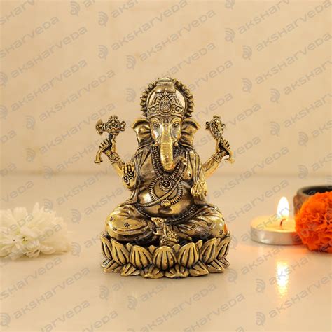 Inctricate Brass Ganesh Murti in Blessing Mudra | 4 Inches – Aksharveda