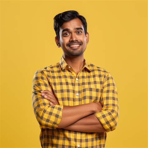 A hyper realistic happiest indian handsome man in chex shirt hands up ...