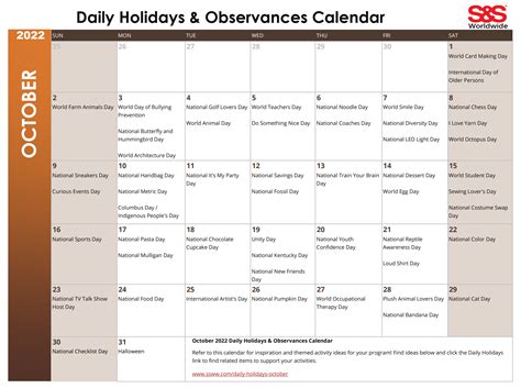 October 2022 Printable Daily Holidays Calendar - S&S Blog