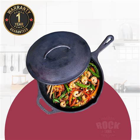 ROCK TAWA PAN 8 INCH/1.1 LITRE WITH LID PRE-SEASONED CAST IRON SKILLET ...
