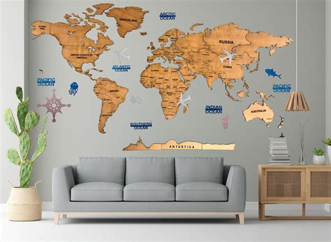 3D Wooden World Map for Wall - Black & Grey - Unique Home Decor Items ...