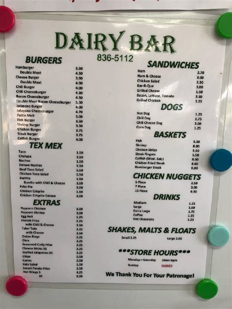 Menu at Dairy Bar, Brenham, S Chappell Hill St