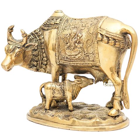 Brass Cow With Calf Idol Lakshmi Ji Engraved Home Pooja Room Dacor ...