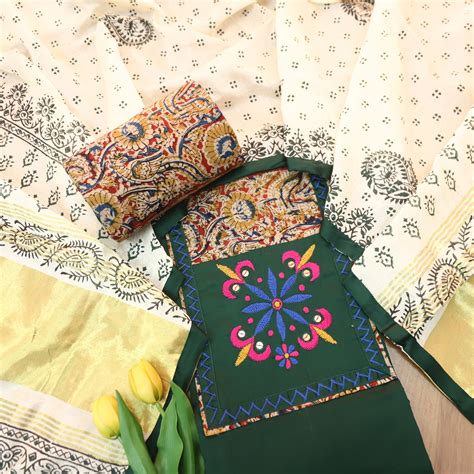Palak Green Thread with Mirror Work Kalamkari Print Yoke Glazed Cotton ...