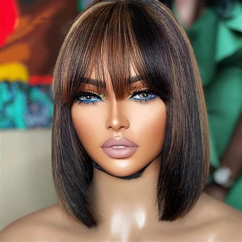 Amazon.com: UMEGOOD Bob Wig Human Hair with Bangs Glueless 2.5x1 HD ...