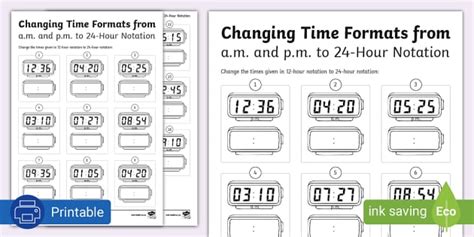 Changing Time Formats from a.m. And p.m. To 24-Hour Notation Activity Sheet