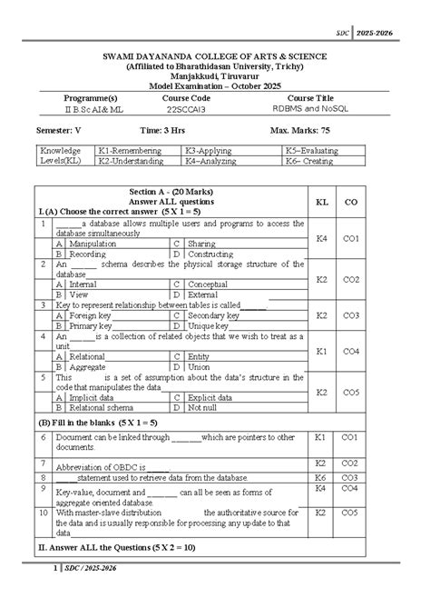 22SCCAI3 II B.Sc ML Model Exam Notes - RDBMS & NoSQL - Studocu
