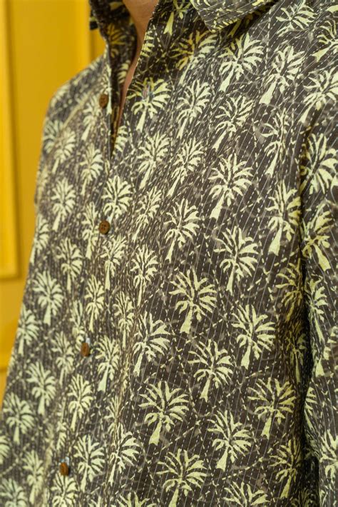 The Grey Palm Tree Printed Shirt For Men With Thread Work – Shasak