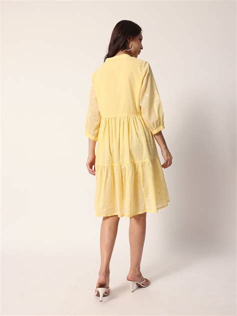 Comfy Yellow Cotton Dobby foilprint Tiered dress