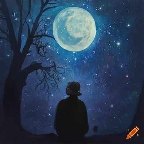 Painting of a man gazing at the moon and stars in the night sky on Craiyon