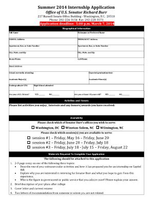 Fillable Online burr senate Summer 2014 Internship Application ...