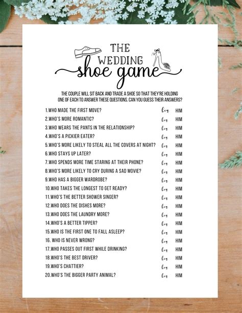 The Wedding Shoe Game Bridal Shower Game, Printable PDF, Bride & Groom ...