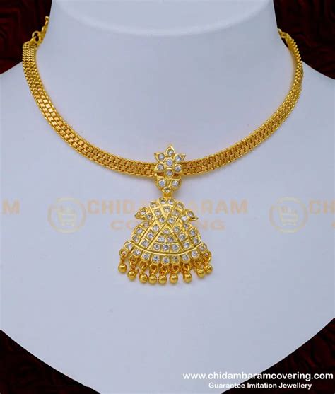 Buy Impon Gold Design White Stone Thick Metal Plated Attigai Necklace ...