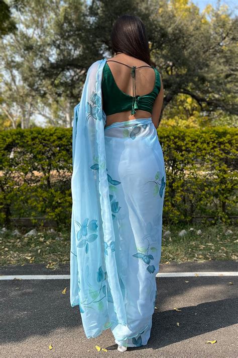 Buy Sky Blue Organza Saree online-Karagiri