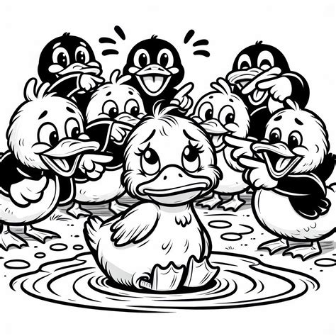 Le vilain petit canard est moqué par les autres canards – Image à colorier conte