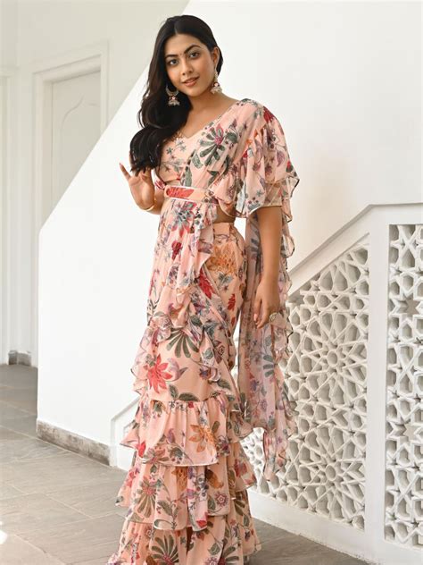 Discover Peach Printed Ruffle Saree Online - Lavanya The Label