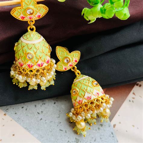 Gold Platted Mint Dome Shaped Kundan Jhumkas – Arzzbyfarha