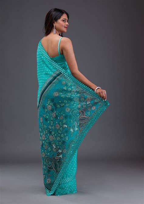 Buy Sky Blue Printed Satin Saree - Koskii