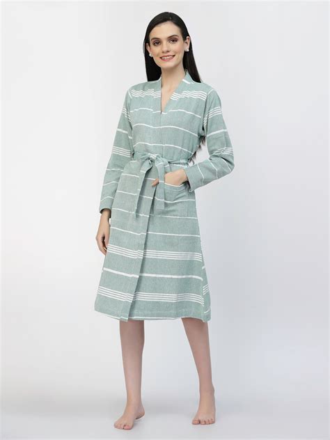 Klotthe Women Green Striped Cotton Bath Robe With Belt – KLOTTHE®