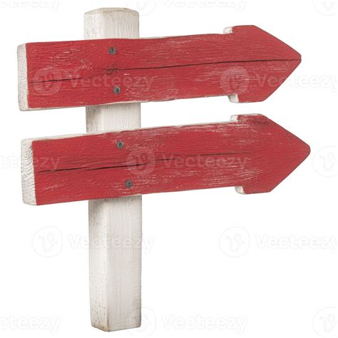 rustic wooden signpost with two red arrows pointing in opposite ...