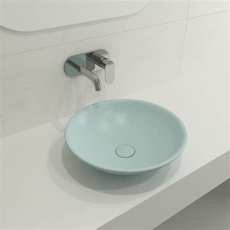 BOCCHI Fire Clay Vessel Round Modern Matte Ice Blue Bathroom Sink (15. ...