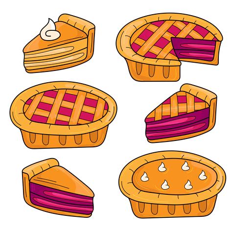 Set of hand drawn pie - cartoon style on white. Berry and pumpkin pies ...