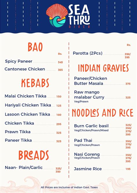 Menu at Sea Thru Diner, Chennai, Inside VGP Universal Kingdom