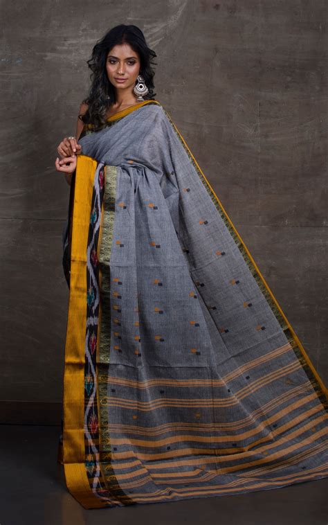 Bengal Handloom Begampuri Cotton Kotki Border Saree in Grey and Yellow ...