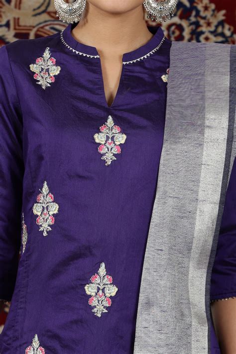 Buy Purple Yarn Dyed Dori Embroidered Anarkali Kurta, Palazzo and ...