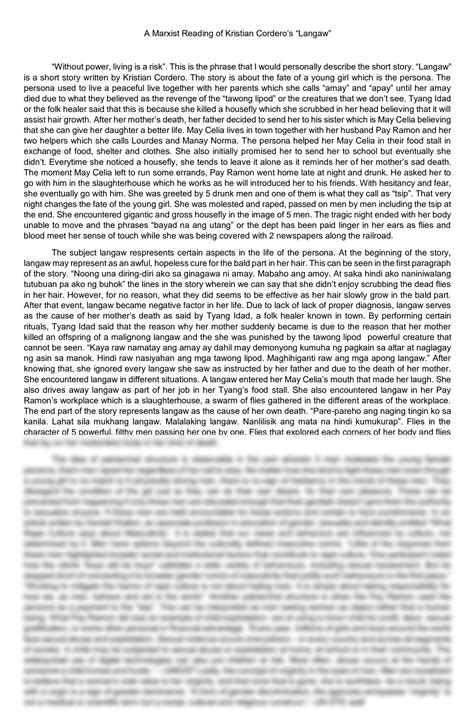 SOLUTION: A marxist reading of kristian cordero langaw - Studypool