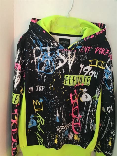Encrypted Neon Black Green Hoodie Sz Lg Pockets 1994 Money Bags *Read ...