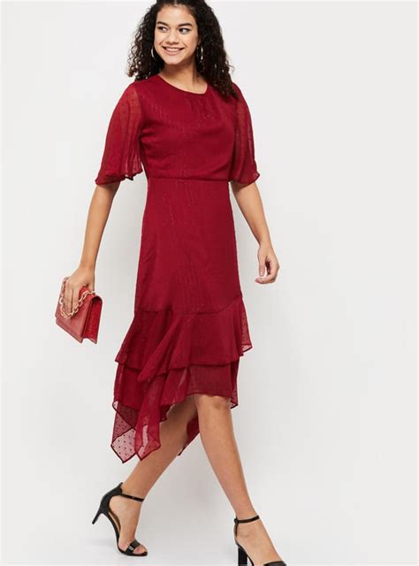 Buy Women Textured Flutter Sleeves Asymmetric Hem Midi Dress Online at ...