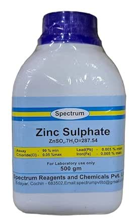 SPECTRUM Zinc Sulphate LR Grade, 99%, 500Gm, CAS: 7446-20-0, Molecular ...