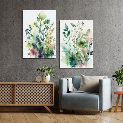 Nature Inspired Floral Canvas Painting - Watercolor Texture Green Leaf ...