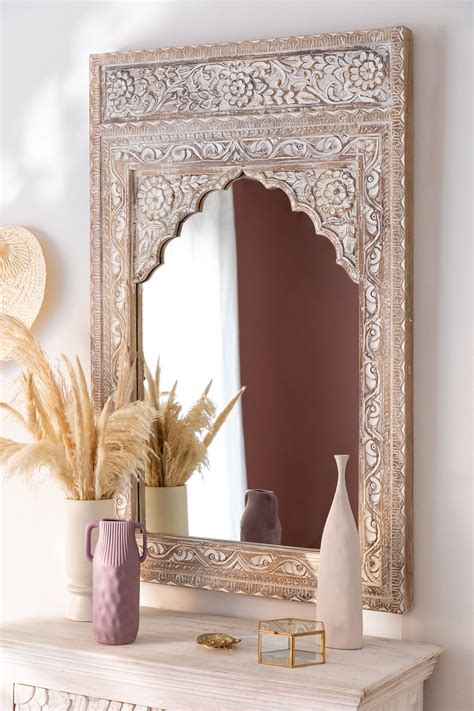 Handmade Indian Style Jharokha Hand Carved Wall Mirror in Solid Hard W ...